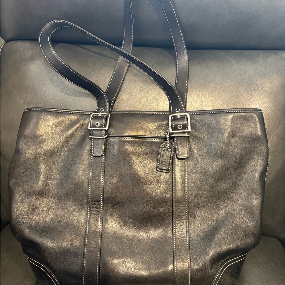 Coach Black Leather Tote with Double Strap and Buckle Details